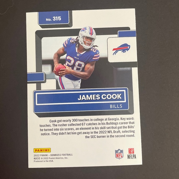 James Cook: Buffalo Bills, Running Back 2022 Panini Donruss Rated Rookie - Picture 2 of 2